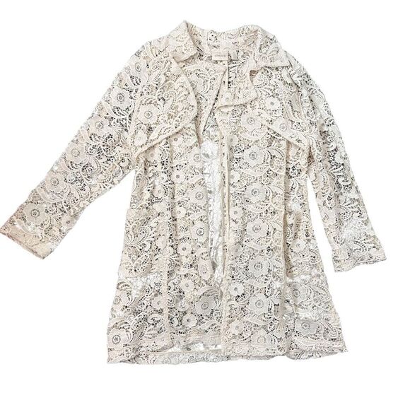 Chico's Trench Jacket Women XL Cream Floral Eyelet Lace Sheer Long Sleeve Coat 3 - Picture 5 of 14